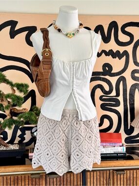 Vintage Boho Cream Crochet Lace Shorts Festival Beach Cover Up Shorts